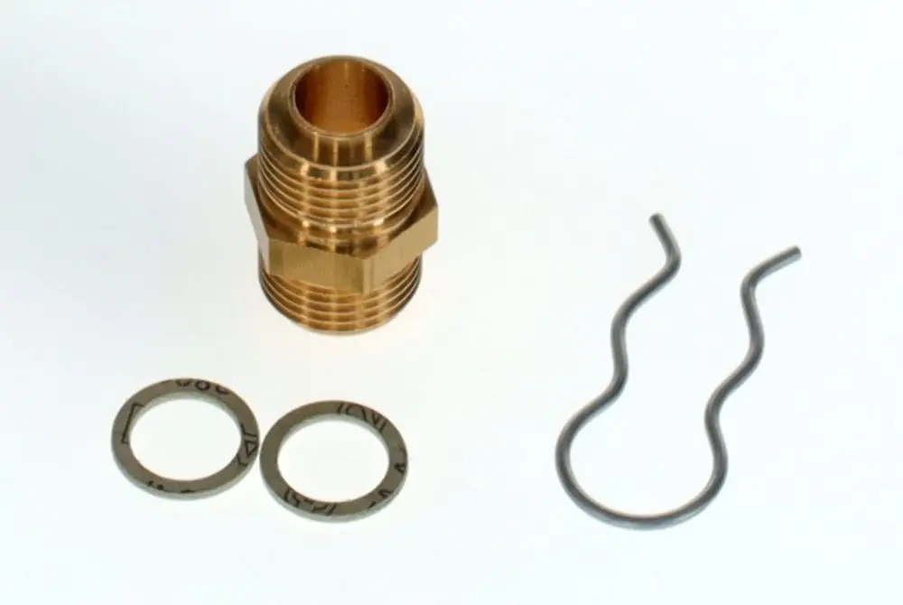 BOSCH Doppelnippel aus Messing, begleitet von zwei Dichtscheiben und zwei Sicherungsringen. Ideal für Verbindungen in Rohrleitungssystemen.